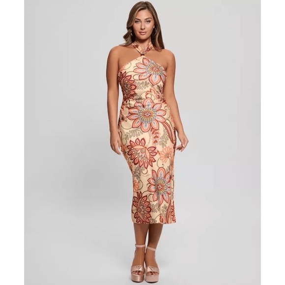 Guess Dresses & Skirts - GUESS Southwest Jacobean Print Marsha Dress 14 NEW Peach Multi Halter Midi Foral